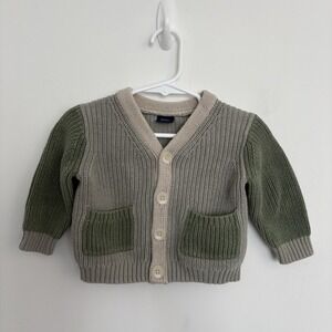 Baby Gap Cardigan Sweater Size 6-12 Months Green Cream 100% Cotton Button Front